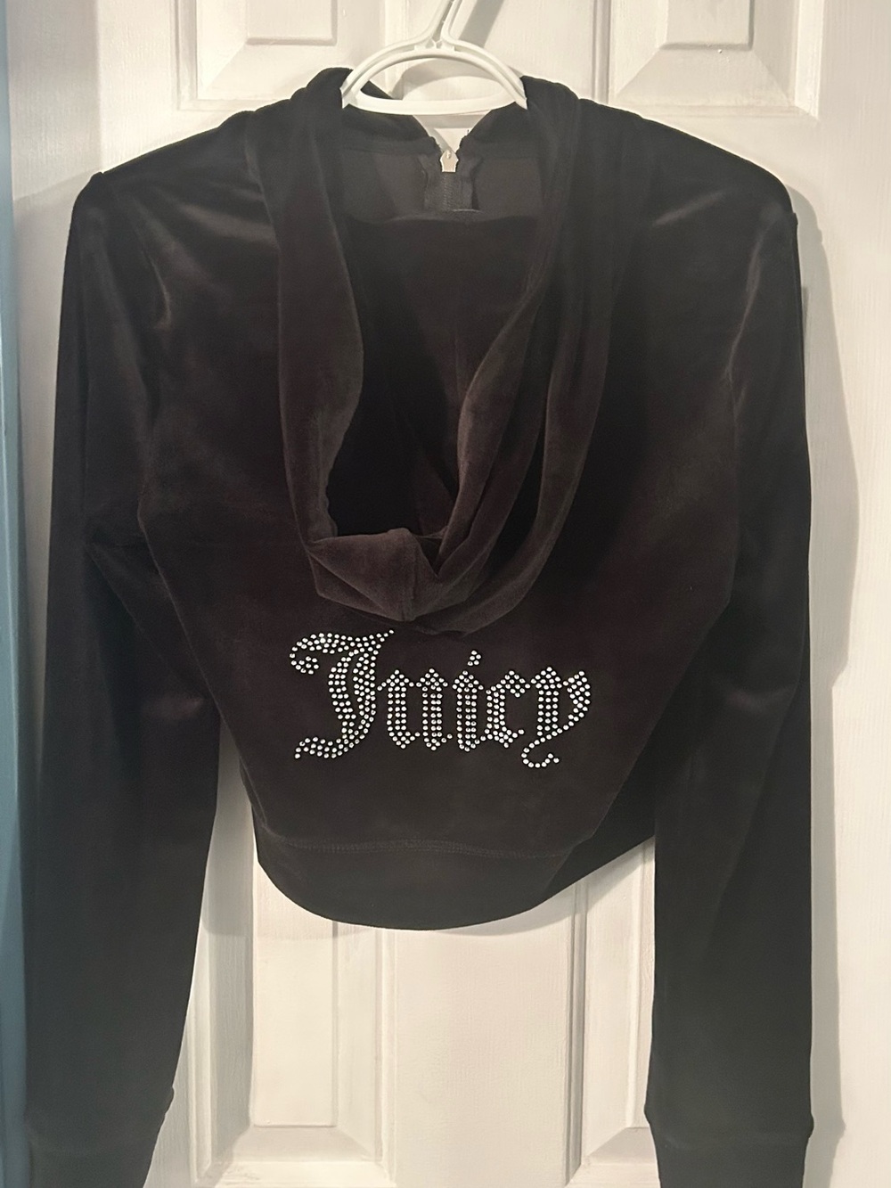 Juicy Couture Black Velour Cropped Hoodie with Rhinestone 'Juicy' Logo